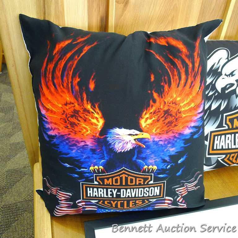 2 Harley Davidson pillows including a bed pillow with case 26" x 18" and 16" x 16" throw pillow.