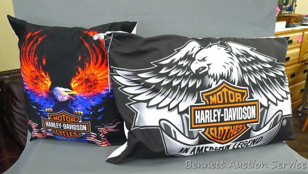 2 Harley Davidson pillows including a bed pillow with case 26" x 18" and 16" x 16" throw pillow.