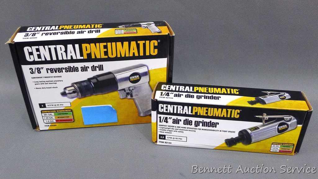 NIB Central Pneumatic 1/4" air die grinder and 3/8" reversible air drill. Donated by Harbor Freight