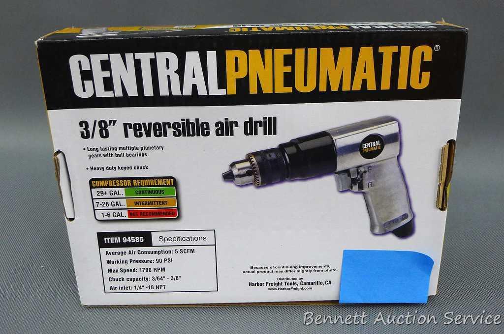 NIB Central Pneumatic 1/4" air die grinder and 3/8" reversible air drill. Donated by Harbor Freight