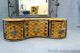 Metal framed mirror with wicker drawers has some scratches in glass and is 16" x 9" x 27" tall and