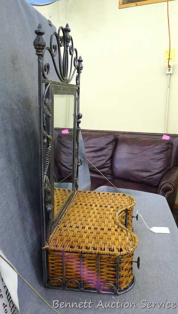 Metal framed mirror with wicker drawers has some scratches in glass and is 16" x 9" x 27" tall and