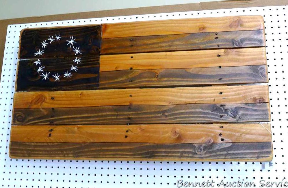 Handmade wooden American flag is 21" x 38" and was donated by De-Mon Racing.