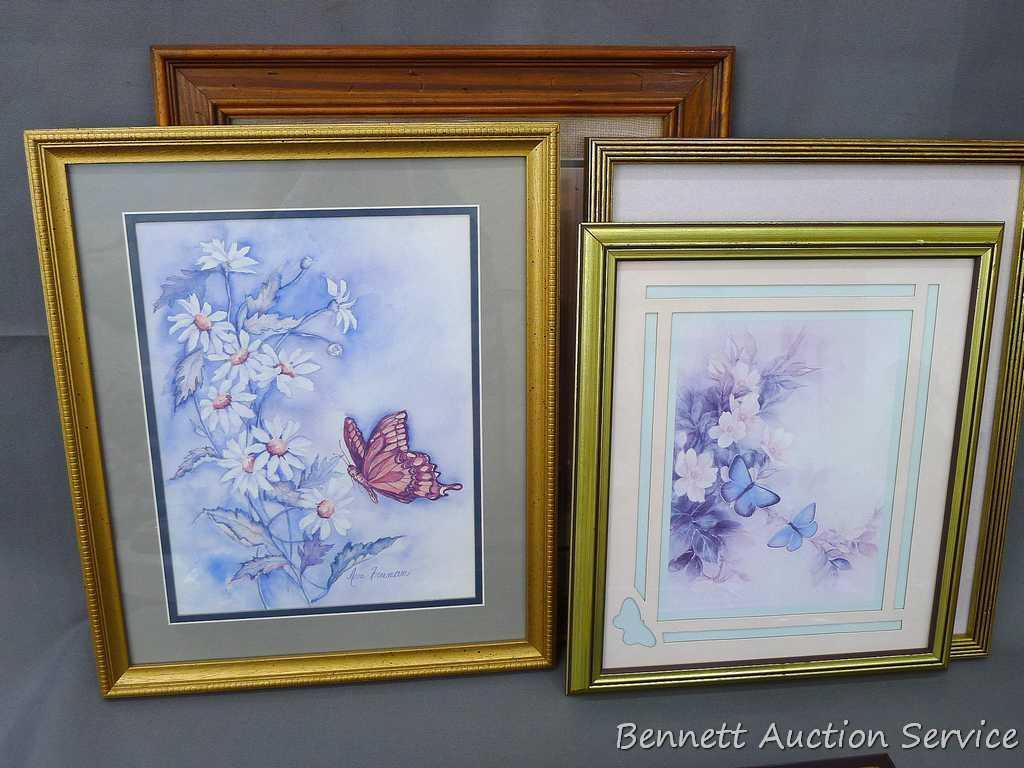 Six framed floral wall hangings. Largest is 17-1/2" x 20-1/2". All are in good condition.