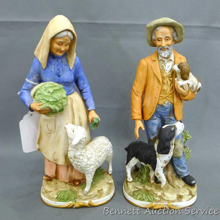 Pair of Homco elderly farm couple, each stands approx. 11" tall. Both in good condition.