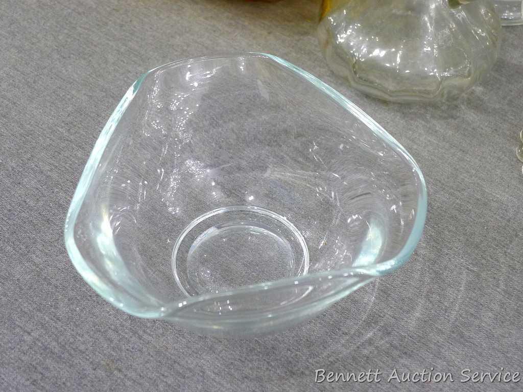 Assortment of glass serving dishes and containers; 1 of the small dishes is an Anchor Hocking &