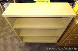 Wooden book shelf is approx 35" x 12" x 43" and needs tightening, otherwise in good condition.