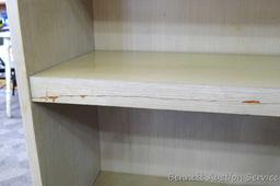 Wooden book shelf is approx 35" x 12" x 43" and needs tightening, otherwise in good condition.