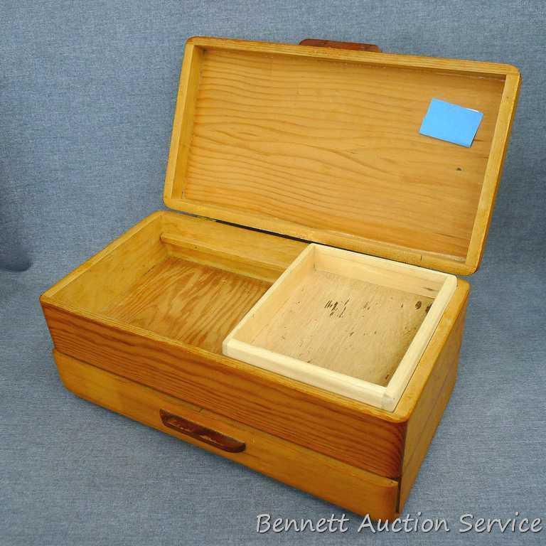 Wooden jewelry box; has a tray in the top compartment; box measures 13-3/4" x 7-1/2" x 6".