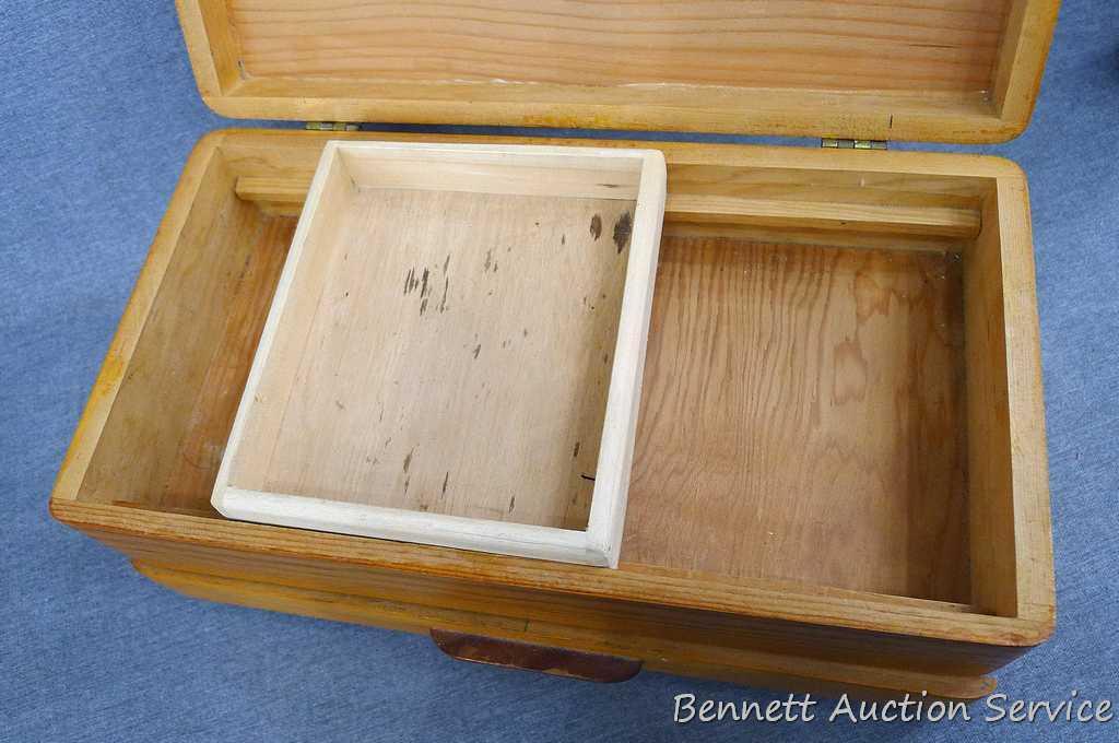 Wooden jewelry box; has a tray in the top compartment; box measures 13-3/4" x 7-1/2" x 6".
