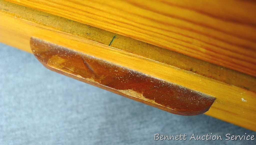 Wooden jewelry box; has a tray in the top compartment; box measures 13-3/4" x 7-1/2" x 6".