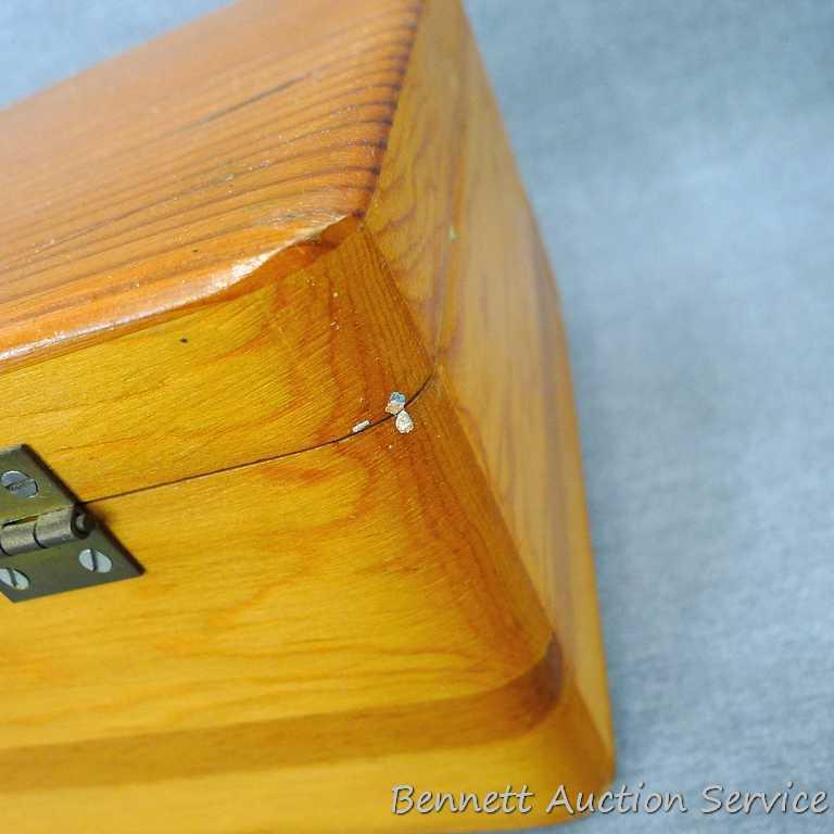 Wooden jewelry box; has a tray in the top compartment; box measures 13-3/4" x 7-1/2" x 6".