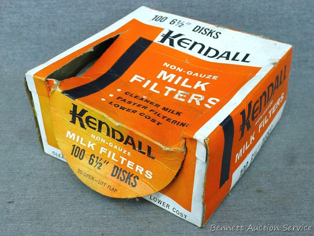 Vintage milk strainer, Kendal milk filters and National swinging door latch (NIP). Strainer is
