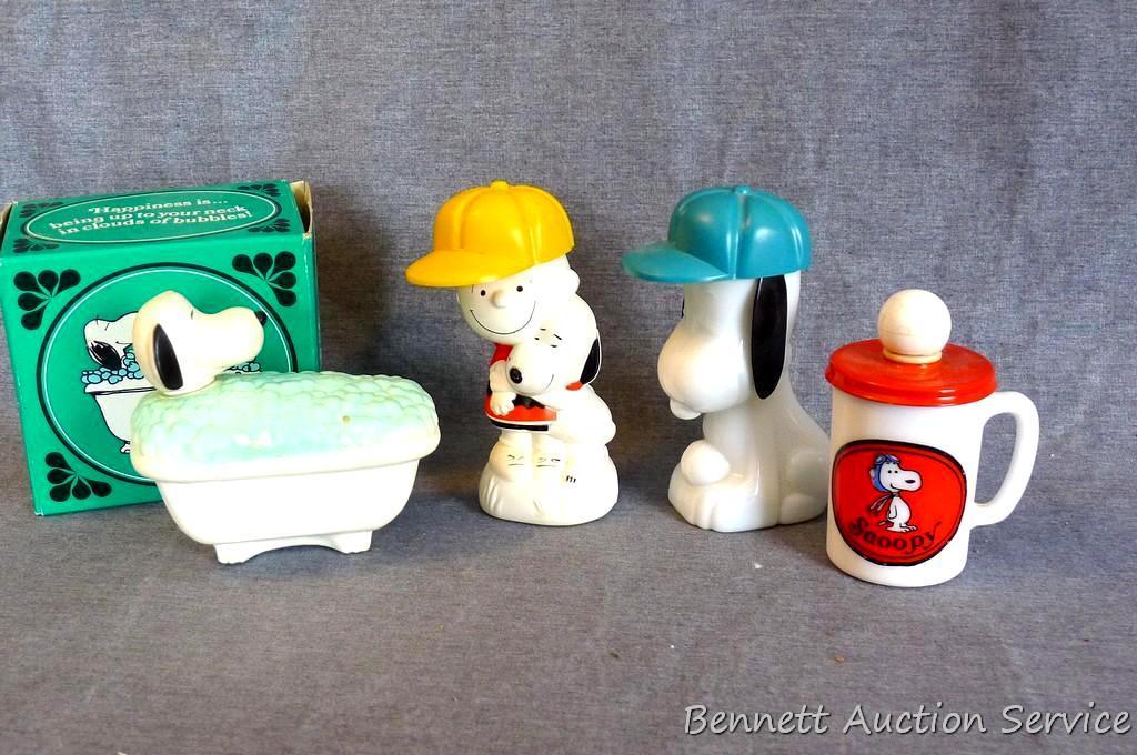 No shipping. Peanuts Pals bubble bath, Snoopy Sports Rally bracing lotion bottles by Avon have