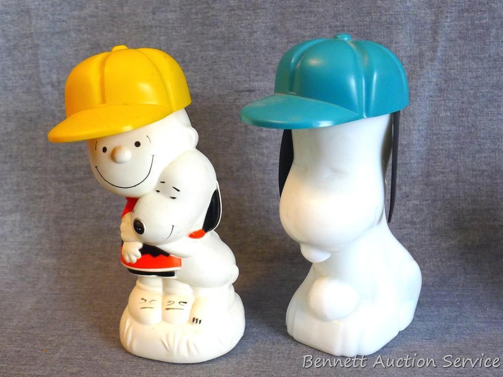 No shipping. Peanuts Pals bubble bath, Snoopy Sports Rally bracing lotion bottles by Avon have