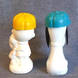 No shipping. Peanuts Pals bubble bath, Snoopy Sports Rally bracing lotion bottles by Avon have
