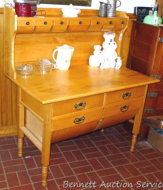 Really cool antique maple or similar baker's counter or cabinet. Has rounded bottom bins and upper