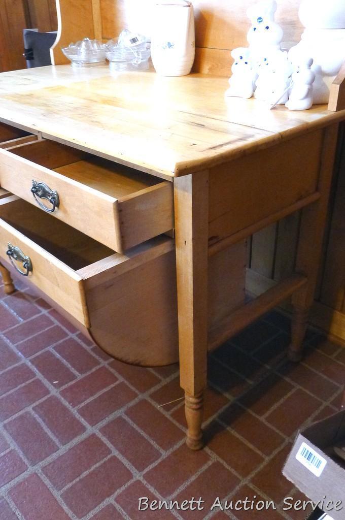 Really cool antique maple or similar baker's counter or cabinet. Has rounded bottom bins and upper