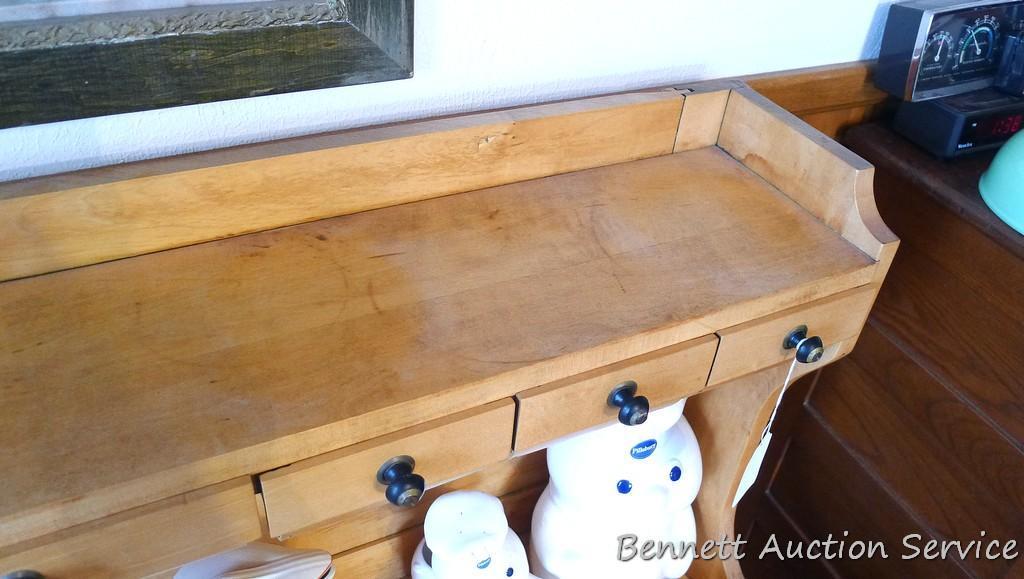 Really cool antique maple or similar baker's counter or cabinet. Has rounded bottom bins and upper