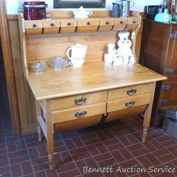 Really cool antique maple or similar baker's counter or cabinet. Has rounded bottom bins and upper