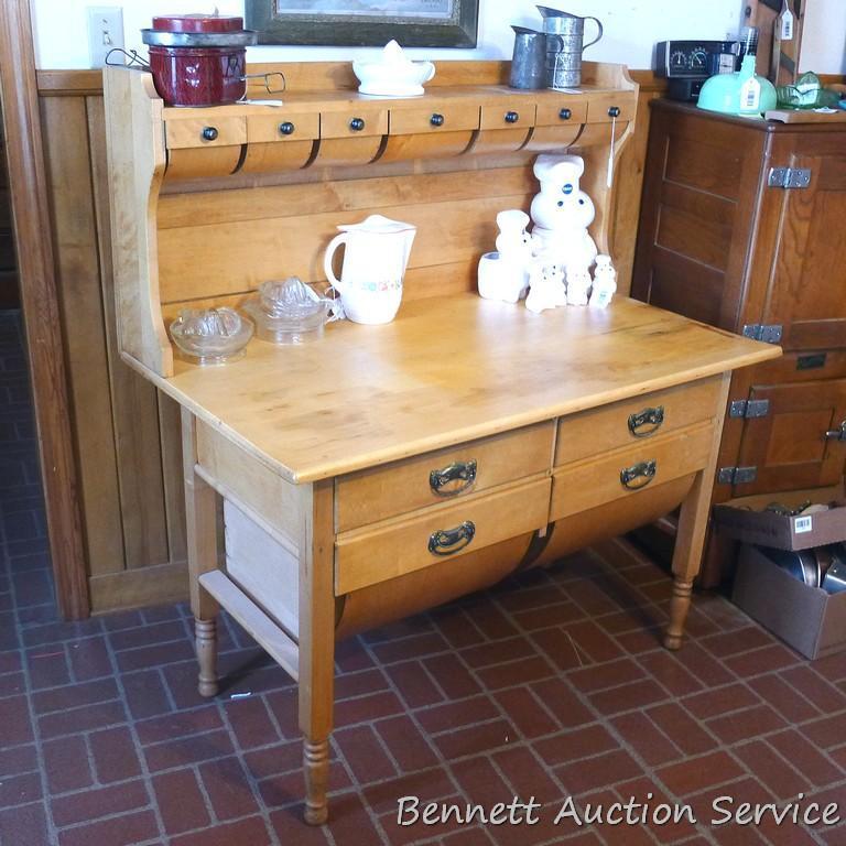 Really cool antique maple or similar baker's counter or cabinet. Has rounded bottom bins and upper