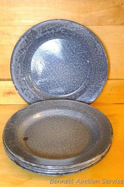 Nice collection of graniteware dinner plates, plus a matching cup and a lightweight metal colander.