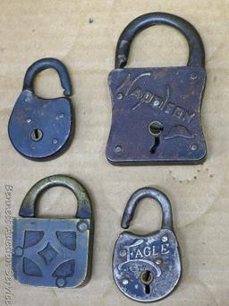 Interesting old padlocks; brands include Eagle, Napoleon, Invincible, Emu, and Orbin; largest lock