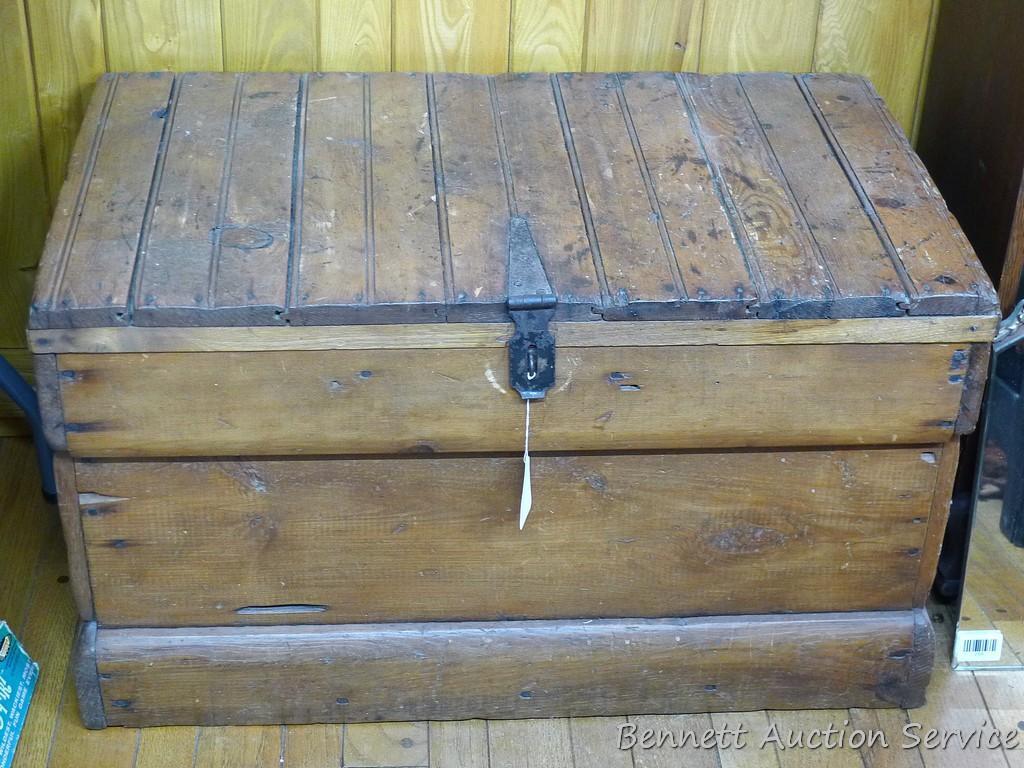 Rustic wooden trunk; measures 32-1/2" x 19" x 19" tall. Very well made, opens and closes easily.