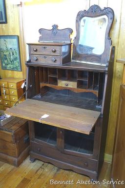 Beautiful secretary desk, looks like it was refinished, mirror, doors and other trim need to be