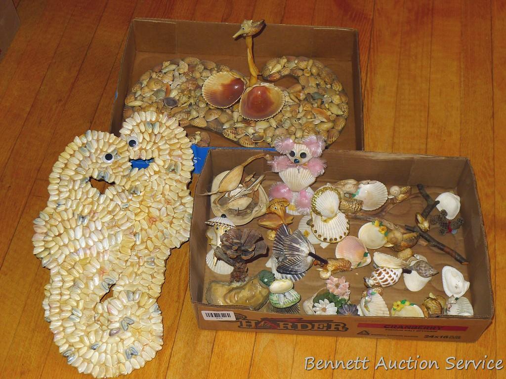 Sea shell art pieces, up to 15" long. Includes little trinket holders, wall hangings, more.