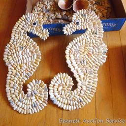 Sea shell art pieces, up to 15" long. Includes little trinket holders, wall hangings, more.