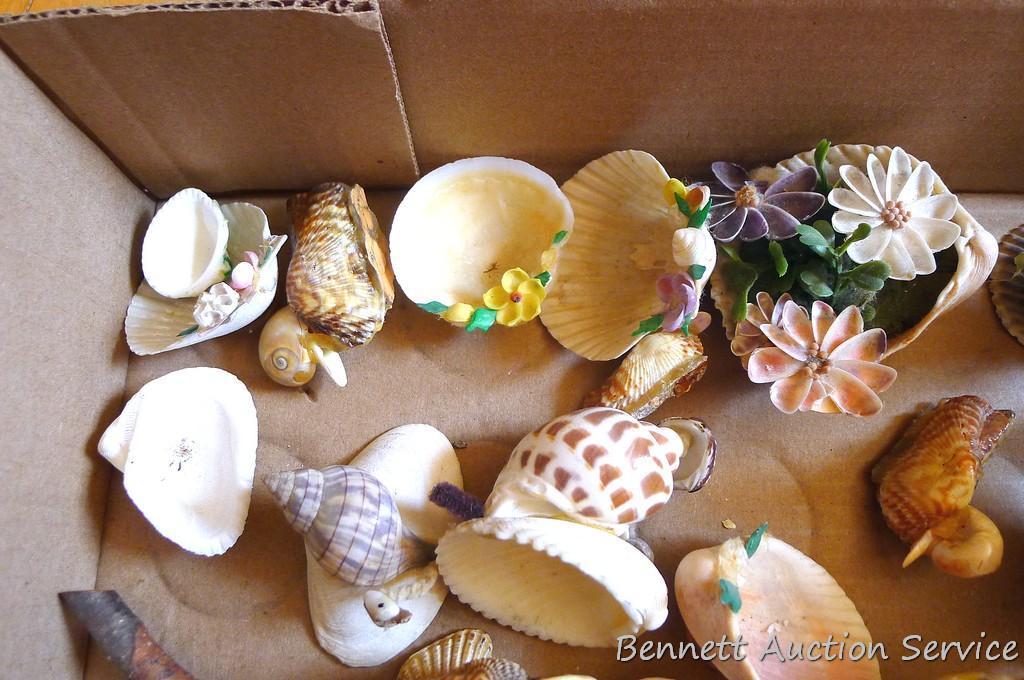 Sea shell art pieces, up to 15" long. Includes little trinket holders, wall hangings, more.