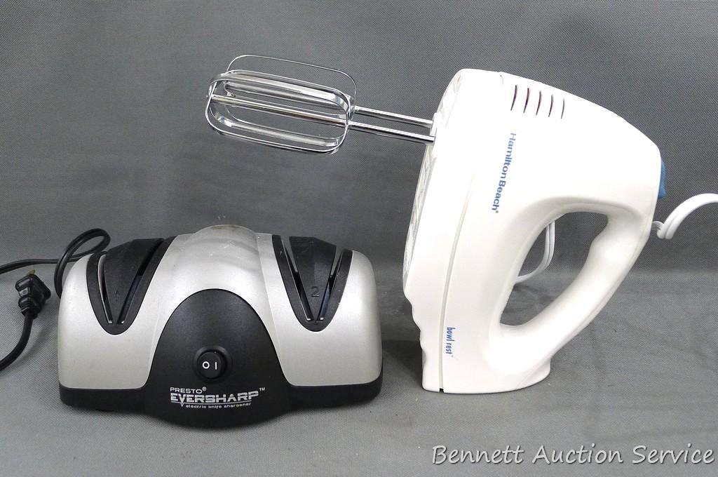 Hamilton Beach hand mixer and Presto EverSharp electric knife sharpener. Both appliances run.