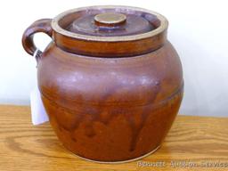 One handled bean pot is stamped '3' on bottom, measures 8 - 1/2"x 7 - 1/2" x 7" tall. Cover has a