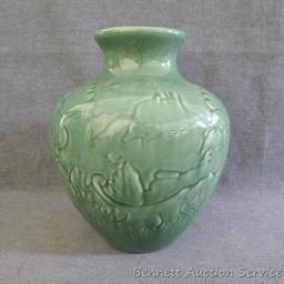 Red Wing art pottery vase is stamped on bottom. Pretty glazed vase show uniform crazing throughout.