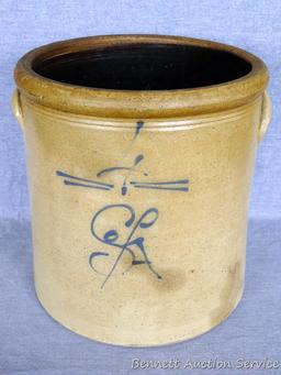 Four gallon salt glazed S/A Red Wing crock with decorative markings, appear to be maker's initials.