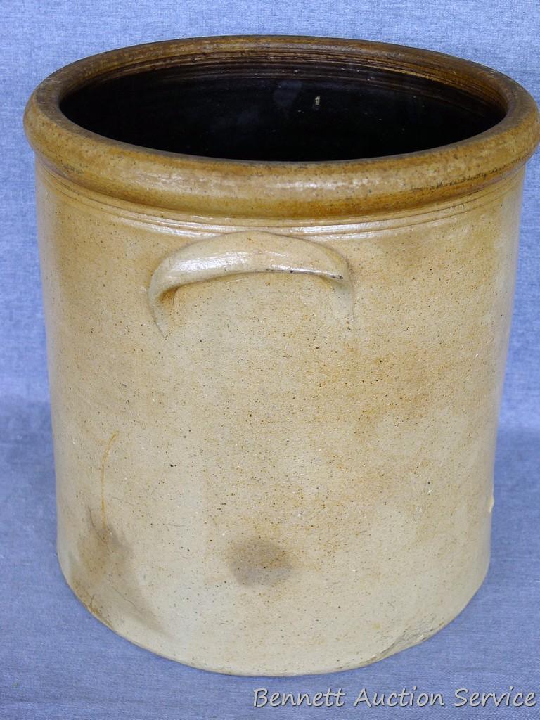 Four gallon salt glazed S/A Red Wing crock with decorative markings, appear to be maker's initials.