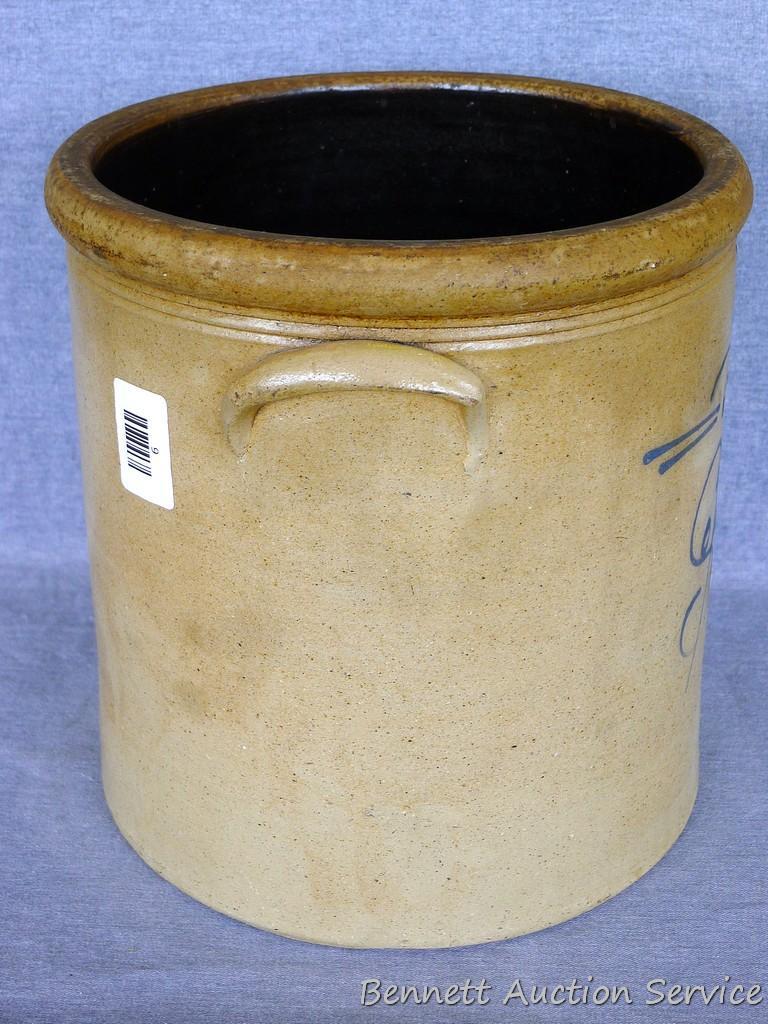 Four gallon salt glazed S/A Red Wing crock with decorative markings, appear to be maker's initials.