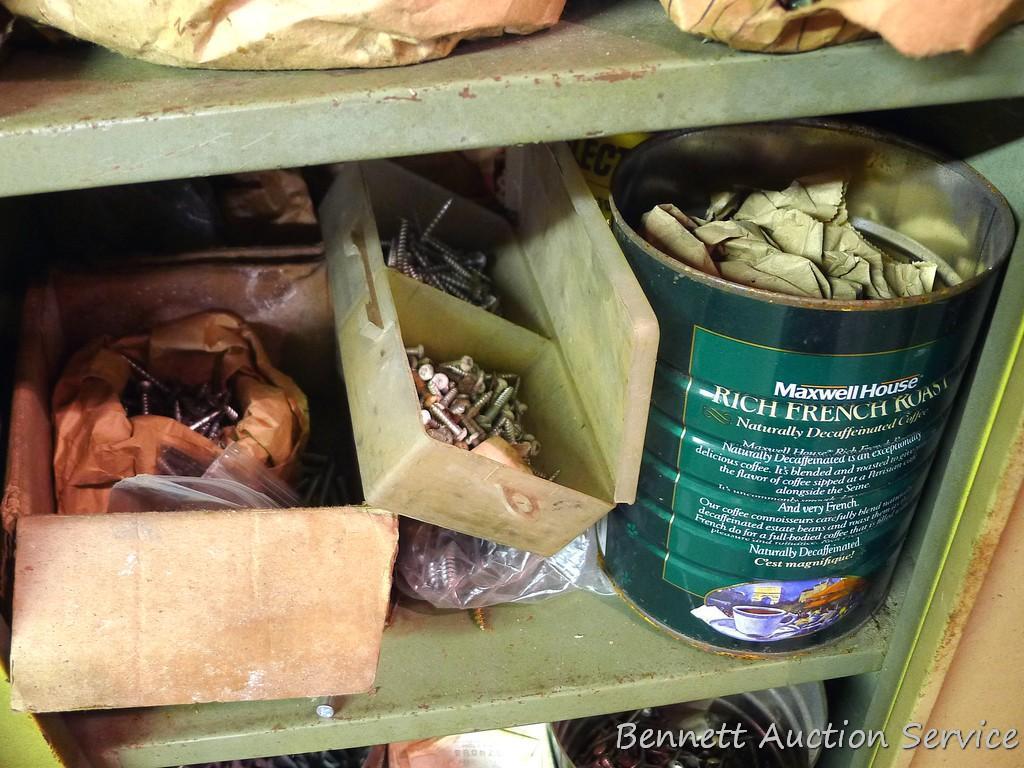 Six shelf metal cabinet filled with screws, nails and more 14-1/2" x 11" x 63" tall.