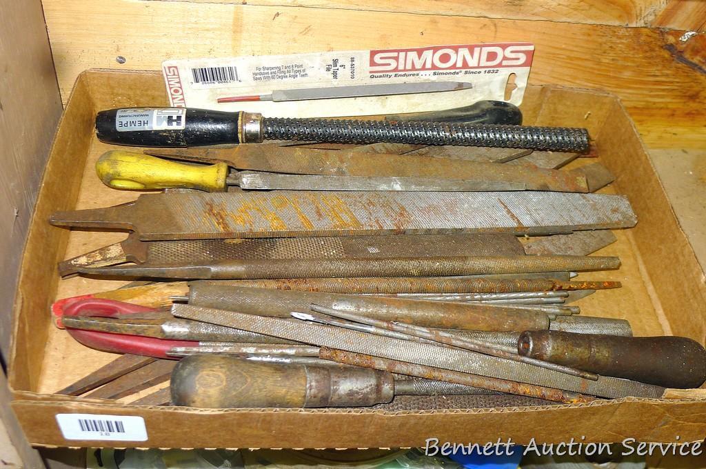 Box full of files, flat, round; wood rasps longest is 16".