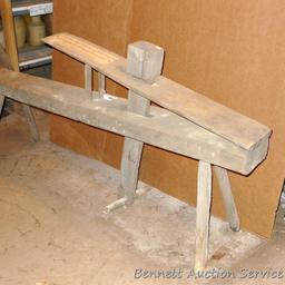 Antique wooden shingle or shake shaping bench is 5-1/2' long.