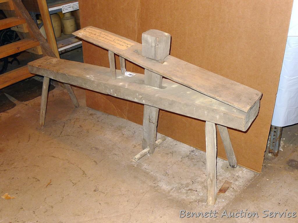 Antique wooden shingle or shake shaping bench is 5-1/2' long.