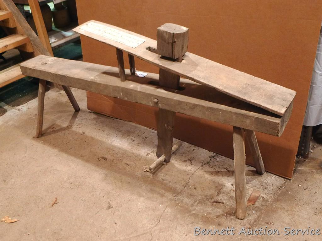 Antique wooden shingle or shake shaping bench is 5-1/2' long.