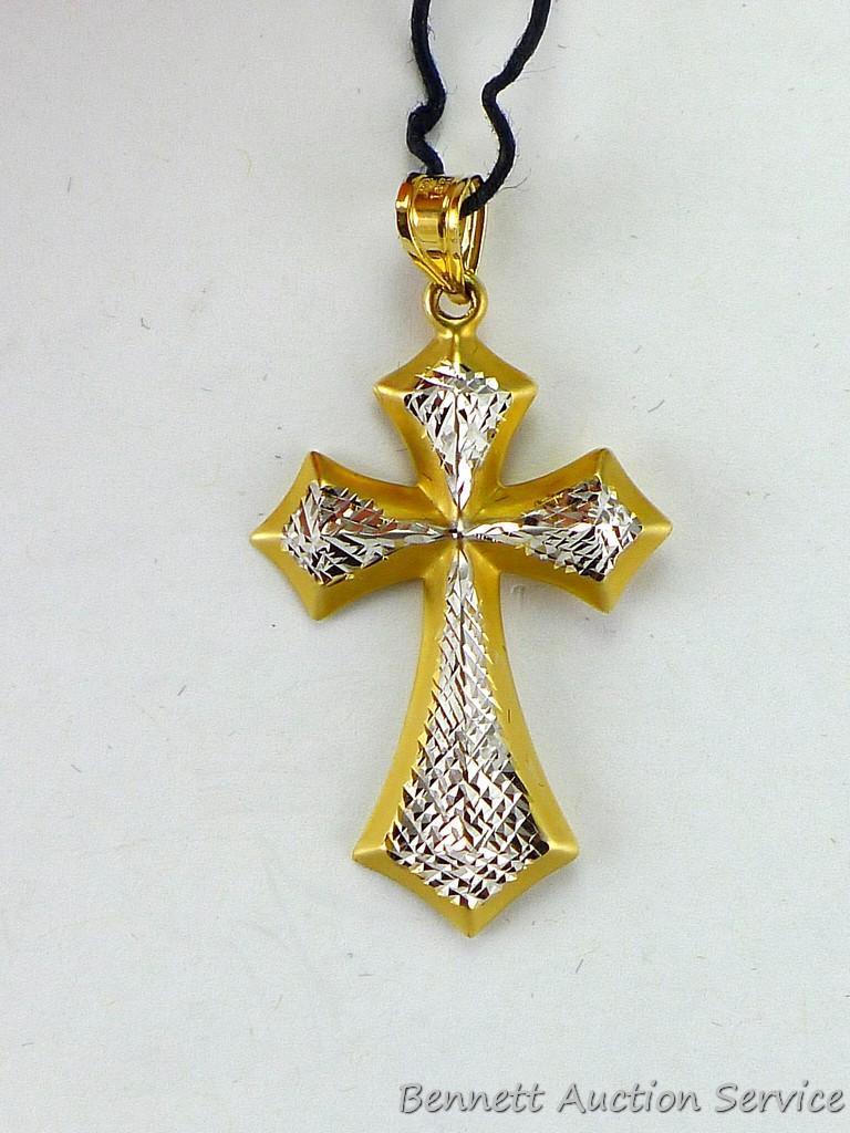 Michael Anthony cross pendant measures 1-1/4" x 1" and seller states it is 14K gold. Includes