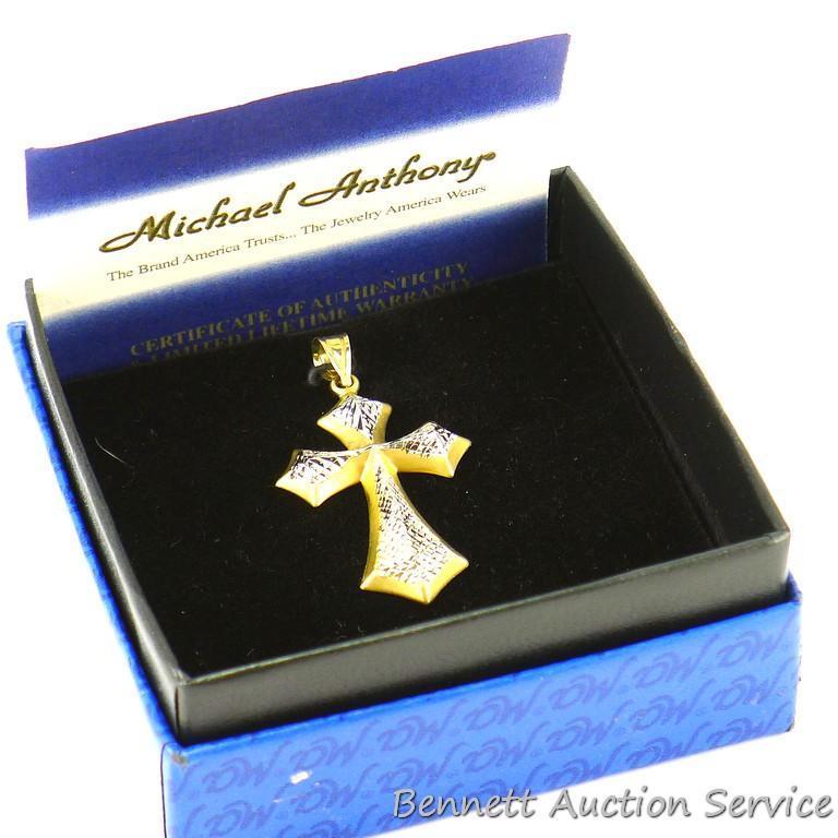 Michael Anthony cross pendant measures 1-1/4" x 1" and seller states it is 14K gold. Includes