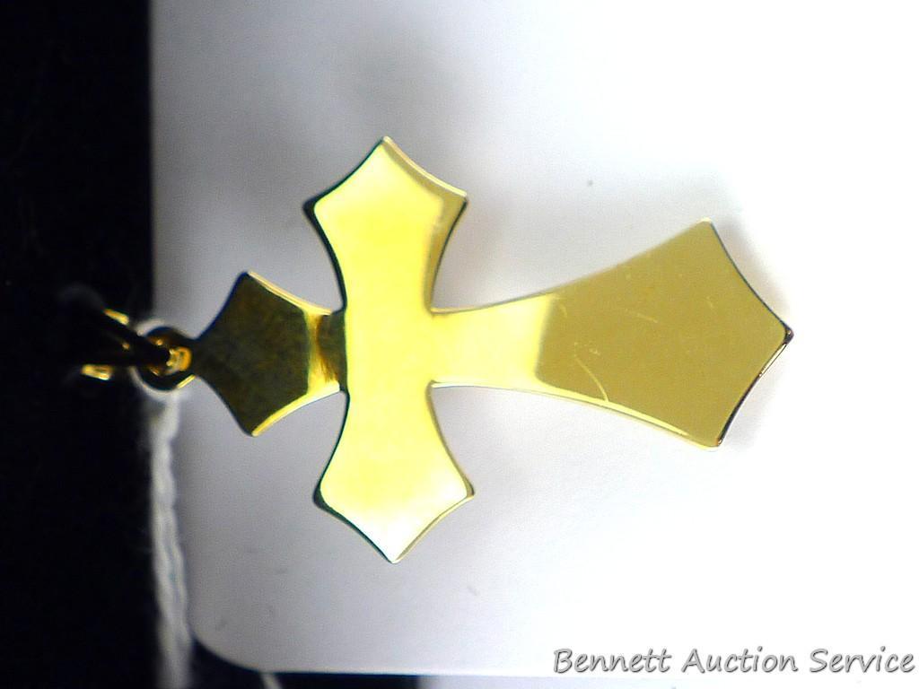 Michael Anthony cross pendant measures 1-1/4" x 1" and seller states it is 14K gold. Includes