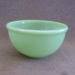 Jadeite Fire-King ware. Four 5-1/2" bowls, one 4-3/4" bowl, one coffee mug.