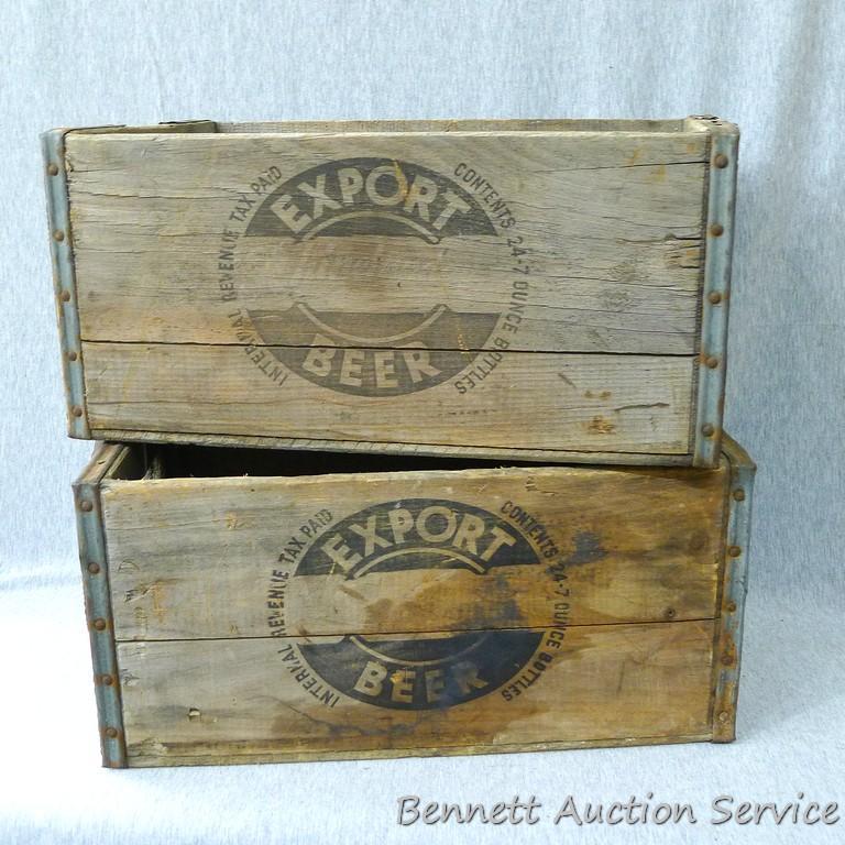 Two wooden Export Beer crates. See pics. Beer crates are about 16" x 10" x 8" and look to be in good