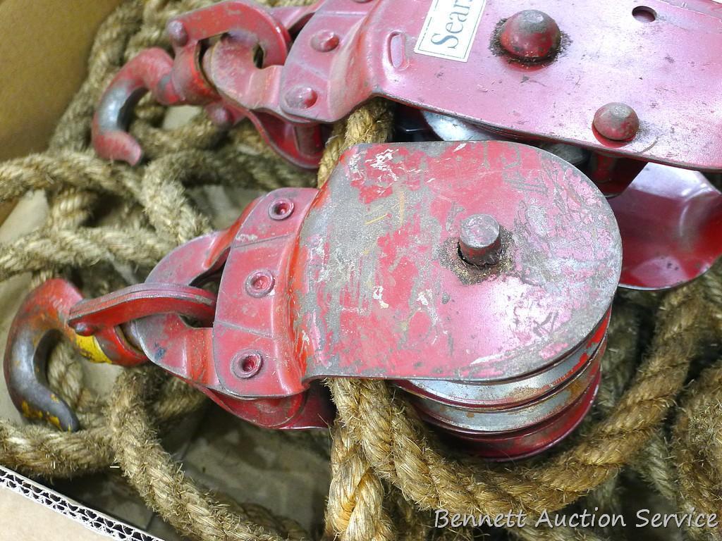 Six pulley block and tackle set with 1/2" rope was sold by Sears. Looks heavy duty.