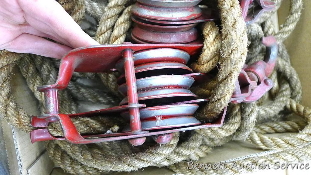 Six pulley block and tackle set with 1/2" rope was sold by Sears. Looks heavy duty.